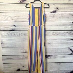Lush Yellow & Periwinkle Striped Wide Leg Open Back Jumpsuit